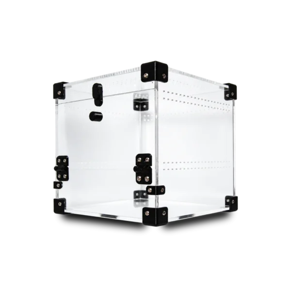 BugBox Mini Cube skråt forfra – rækker af 1 mm ventilationshuller i siden