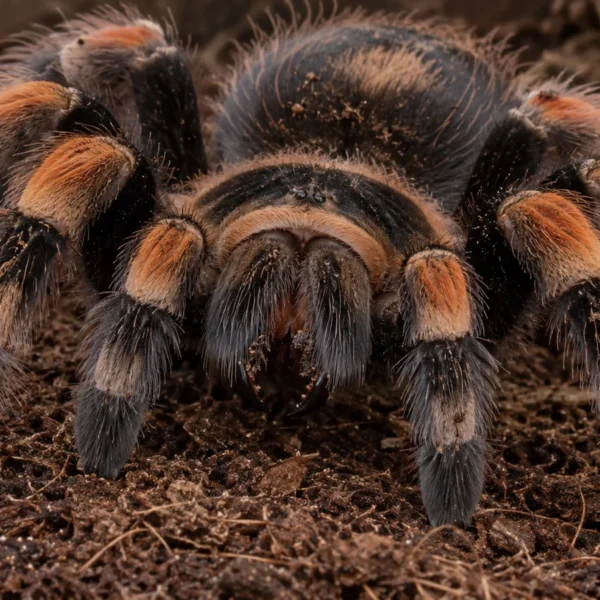 Mexicansk rødknæfugleedderkop (Brachypelma hamorii) set forfra med kæberne og giftkløerne