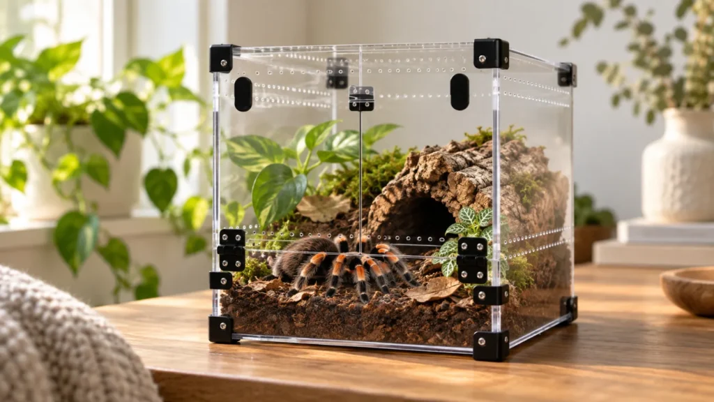 Rolig fugleedderkop (Brachypelma) ved et korkskjul i et akrylterrarie