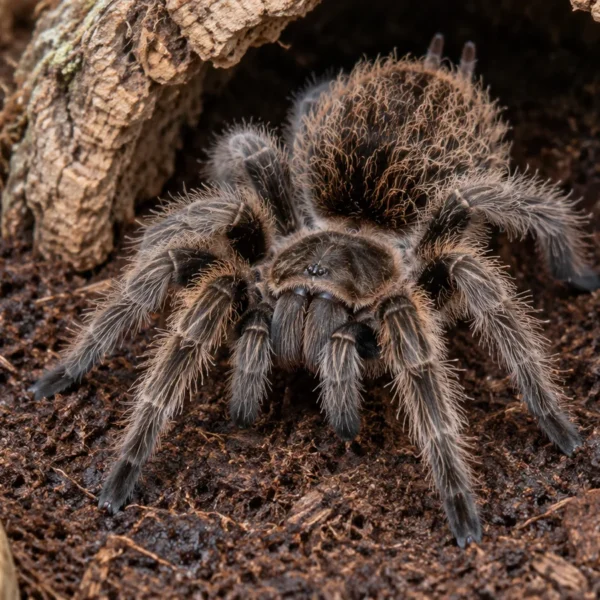 Krøllehåret fugleedderkop (Tliltocatl albopilosus) foran en korkhule på kokosjord ved siden af en vandskål