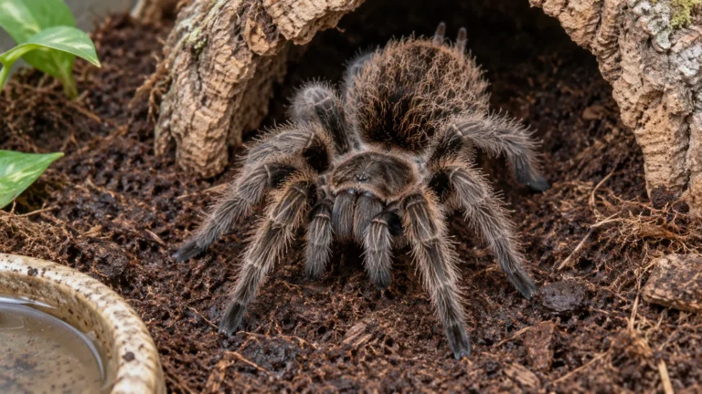 Krøllehåret fugleedderkop (Tliltocatl albopilosus) foran en korkhule på kokosjord ved siden af en vandskål