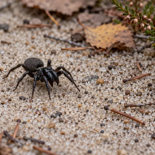 Han af nordlig fugleedderkop (Atypus affinis) på en sandet sti på en dansk hede om efteråret