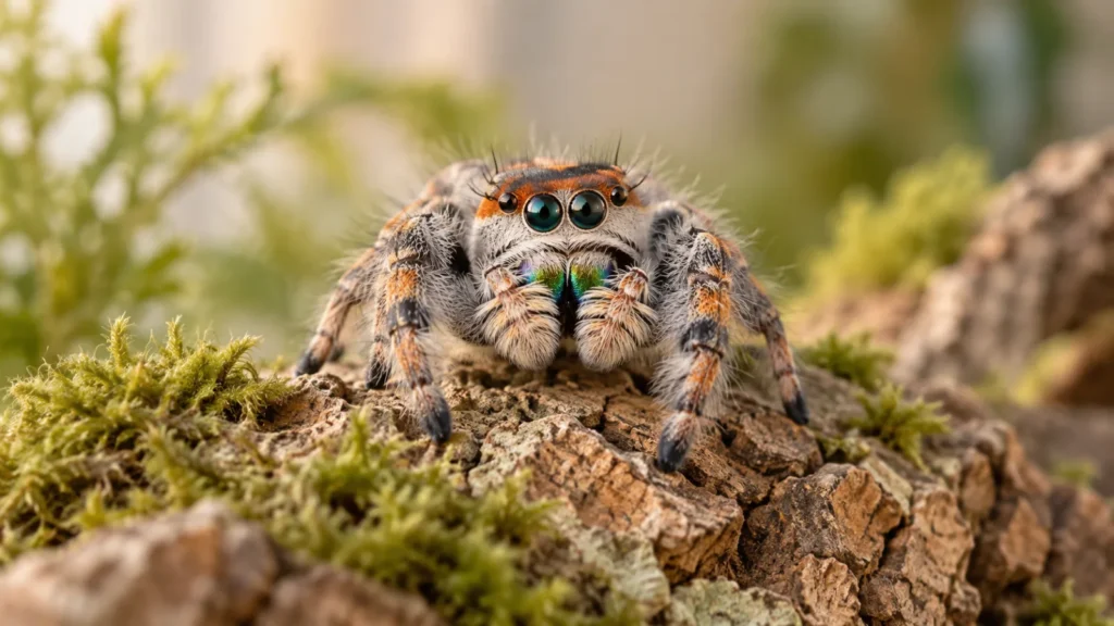 Phidippus regius – hun med iriserende grønne kæber på kork