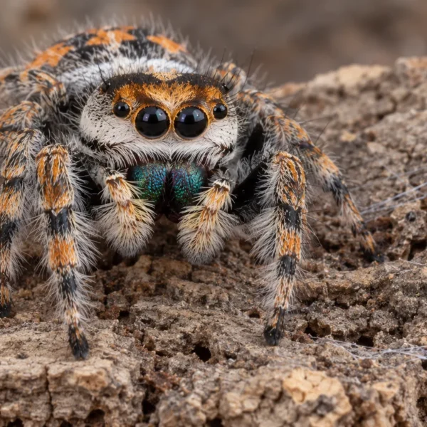 Hun af Phidippus regius forfra på korkbark med de store forreste øjne og grønblå kæber