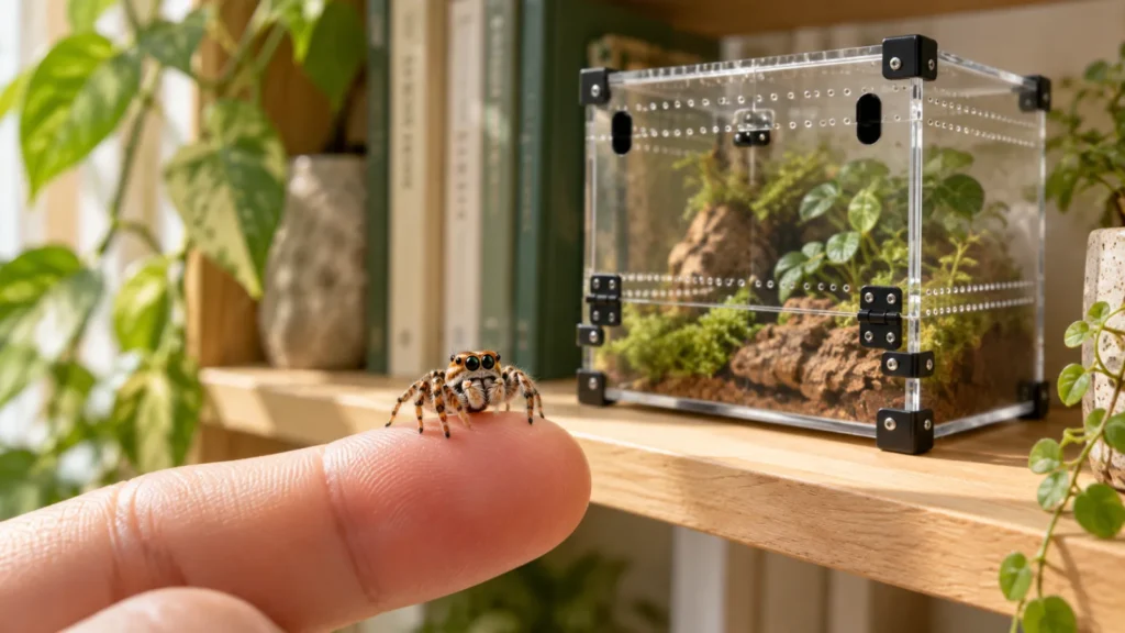 Springedderkop sidder på en fingerspids og kigger op