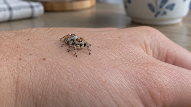 Hun af springedderkoppen Phidippus regius, der går roligt hen over en hånd ved køkkenbordet