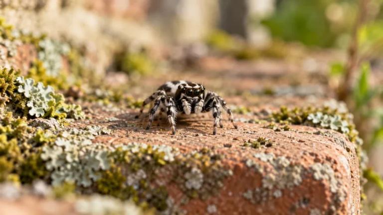 Zebraspringedderkop på en solbeskinnet murstensvæg i Danmark