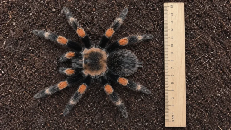 Mexicansk rødknæfugleedderkop (Brachypelma hamorii) set fra oven ved siden af en lineal, der viser et benspænd på cirka 15 cm