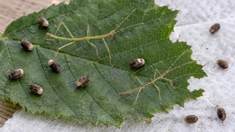 Æg og nyklækkede unger af indisk vandrende pind på et brombærblad