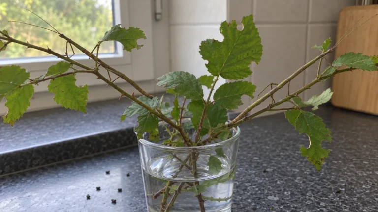To vandrende pinde på brombærgrene i et glas vand i vindueskarmen, med spiste blade og gødning på bordet
